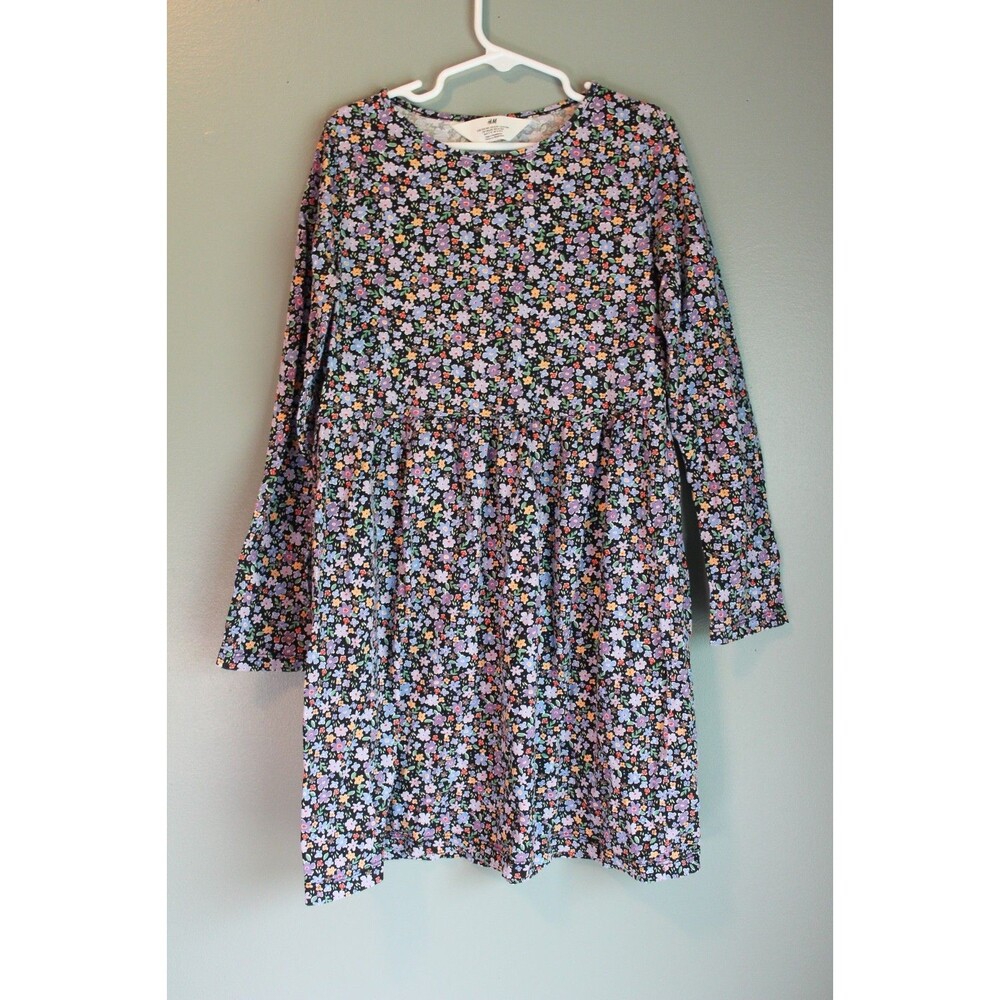 H&M Floral Long-sleeve Black Floral Dress Girls Size 8/10
